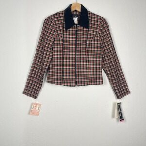 NWT Vintage Plaid Jacket Equestrian Country Suede Collar Brown Size 4 Petite